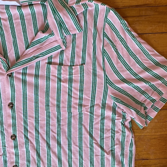 Double Zero pink/white/green striped button-up collar t-shirt size L - Picture 2 of 5